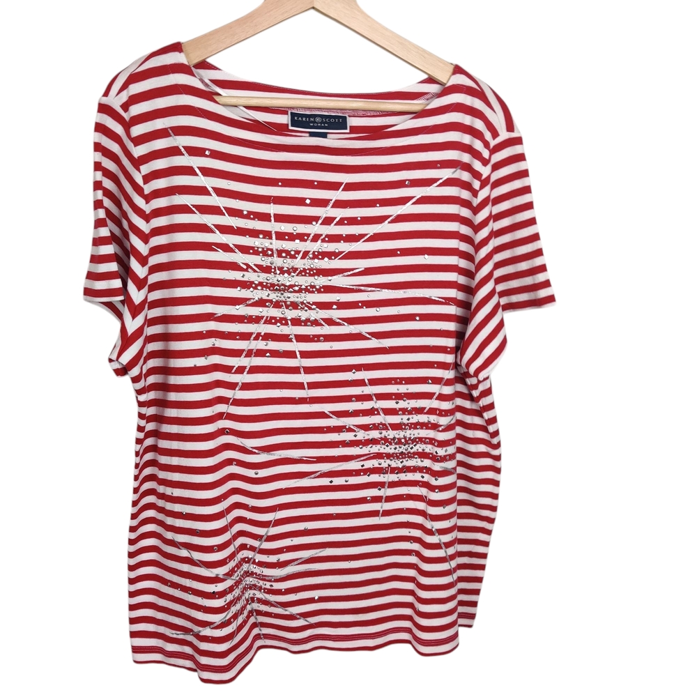 Karen Scott Red Striped Top with Star Design, 2X Patriotic